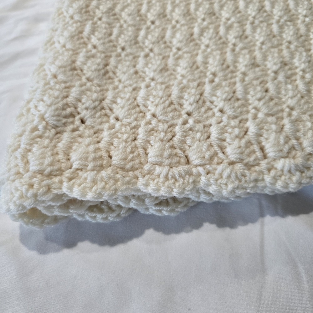 Vintage Handmade Crochet Blanket  Ivory 46" X 51"‎